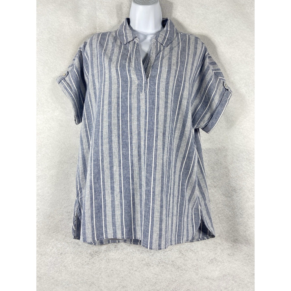 Sigrid Olsen Top women's Large‎ Blue V-Neck Short Sleeve 100% Linen Striped New